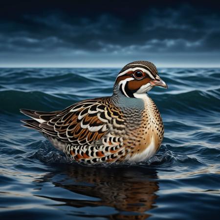 Ultra realistic full body color pencil drawn portrait of  
a quail nest floating on gentle rolling waves at the sea..
BREAK
Deep dark intense midnight blie misty background,
Dark theme, dynamic lighting, (soft shadows), (soft focus),  (photo realistic), uhd, 8k