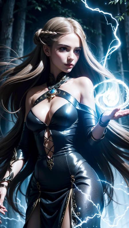 ((1girl)), sorceress, magic, wearing a long dress made of lights, magical forest, with flowing, (((fire)) magic), tight sorceress clothes, magical clothing, (((flowing hairstyle))), (((glowing eyes))), wearing cloak, ((bokeh)), depth of field