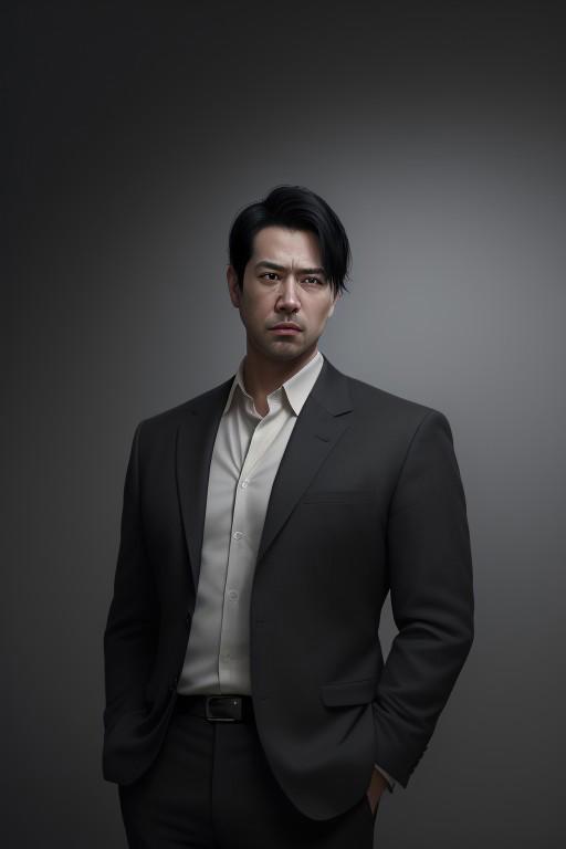 best quality,masterpiece,(realistic:1.2)quality,realistic,masterpiece,Highly detailed,1boy,office man,adult,asian,black hair,suit,standing,hand in pocket,grey_background,moody lighting,full_shot,frontlight,highres,absurdres,incredibly_absurdres,huge_filesize,