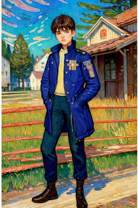 young man exploring a forgotton village, techwear clothing, casual pose, (art by edvard munch and childe hassam:1.2),