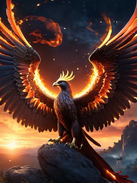 breathtaking Phoenix rising from its ashes, magical, nightsky, mystic, Avalon Saga, Nordic Mythologie, Fire fly, trending on artstation, sharp focus, studio photo, intricate details, highly detailed,bright sky background . award-winning, professional, highly detailed