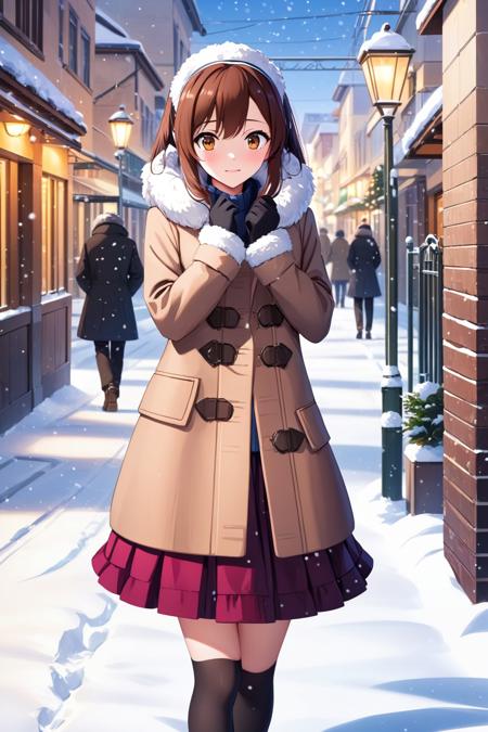 (masterpiece, best quality, highres, anime art style, pixiv), (1girl, solo, aoyama nanami, aoyama nanami, brown eyes, skirt, hairband, coat), (snowing, snow), <lora:aoyama_nanami_xl:0.7>