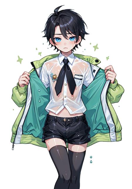 masterpiece, best quality, 1boy, sad boy, black legwear, thighhighs, shorts, 1 boy, cute boy, transparent jacket, wet clothes