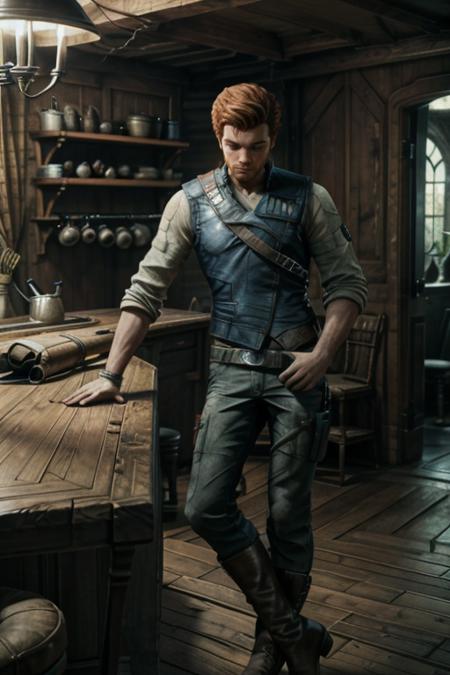 1boy, CalKestisS, male focus, realistic, solo, sleeves rolled up, boots, shirt, vest, belt, weapon, indoors, pants, gun, short hair, stool, chair, standing
<lora:add_detail:0.7> <lora:CalKestisS:0.7>