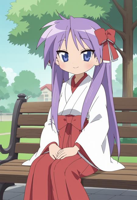 skagami, <lora:PonyXL LS Kagami V1:1> purple hair ribbon, school uniform, sailor collar, red skirt, pink neckerchief, white thighhighs, red hair ribbon, white kimono top, red hakama skirt, japanese clothes, miko, white socks, red zouri, red one-piece swimsuit, white hair ribbon, swimsuit, double hair bun, casual one-piece swimsuit, barefoot,