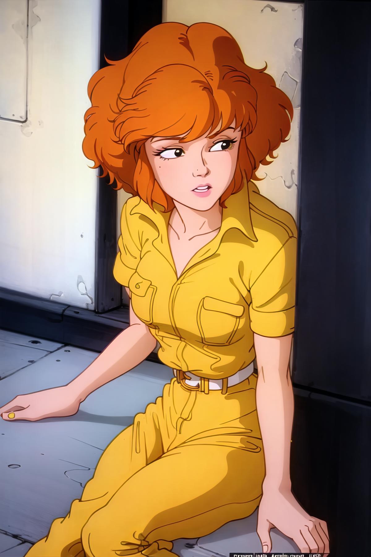 april o'neil, 1980s \(style\), 1girl, brown hair, orange hair, retro artstyle, short hair, solo, yellow shirt <lora:aprilv...