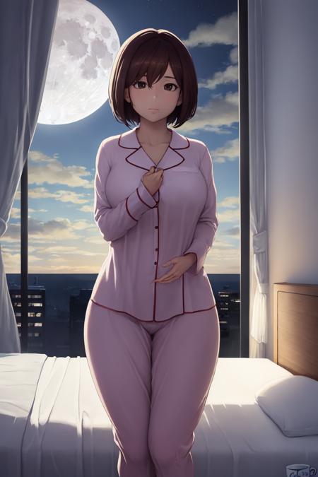 (masterpiece, best quality:1.2),  <lora:coffeeslice:.85>, coffeeslice, 1girl, intravenous drip, solo, night, sky, cloud, moon, hospital gown, pajamas, blue theme, black hair, night sky, full moon, hospital bed, short hair, bed, dark, standing, scenery, indoors, brown hair, brown eyes, window, black eyes, cloudy sky