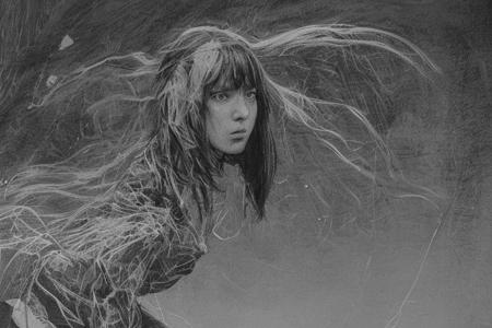 drawing in the style of tsutomu nihei, manga, monochrome, grayscale, bold lines