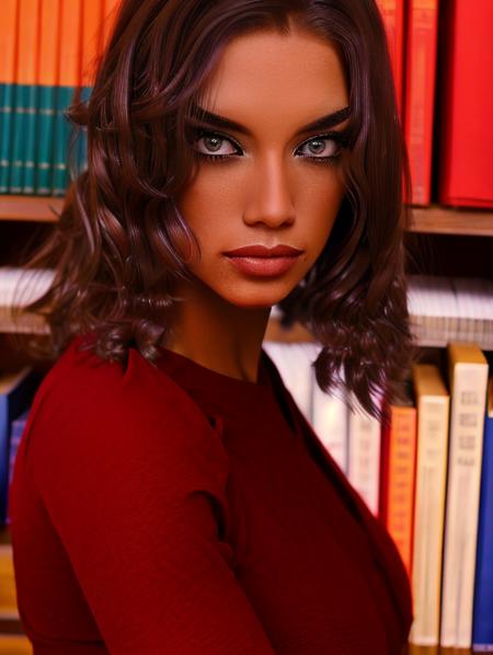 <lora:BellaV2:1>, BellaV2, professional photoshoot, in a library, red shirt, ultra detailed eye, skin with defautj, shoulder portrait