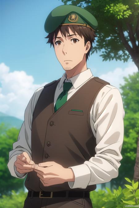 youjiitami, <lora:youji itami s1s2-lora-nochekaiser:1>,
youji itami, brown hair, (brown eyes:1.5), male focus, mature male,
BREAK shirt, hat, white shirt, necktie, collared shirt, belt, pants, uniform, beret, green necktie,
BREAK outdoors, forest, nature, grass, trees, sun, sky, clouds,
BREAK looking at viewer, (cowboy shot:1.5),
BREAK <lyco:GoodHands-beta2:1>, (masterpiece:1.2), best quality, high resolution, unity 8k wallpaper, (illustration:0.8), (beautiful detailed eyes:1.6), extremely detailed face, perfect lighting, extremely detailed CG, (perfect hands, perfect anatomy),