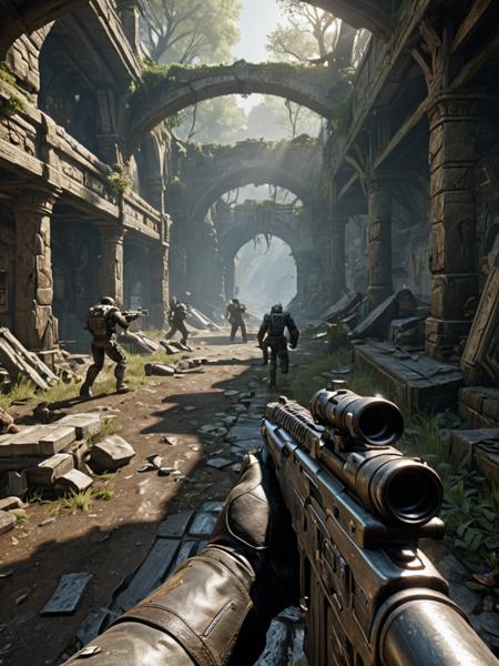 photorealistic first person shooter video game screenshot, epic scene, art by John Blanche