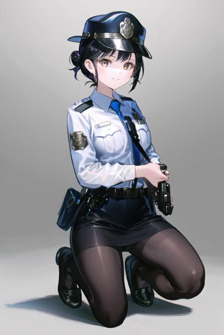 <lora:reoen:1>1girl, solo, weapon, uniform, pantyhose, gun, hat, police, handgun, holding, policewoman, skirt, necktie, smile, belt, revolver, blue headwear, police uniform, one knee, holding weapon, black hair, brown eyes, white background, holding gun, looking at viewer, black pantyhose, simple background, short hair, police hat, single hair bun, hair bun