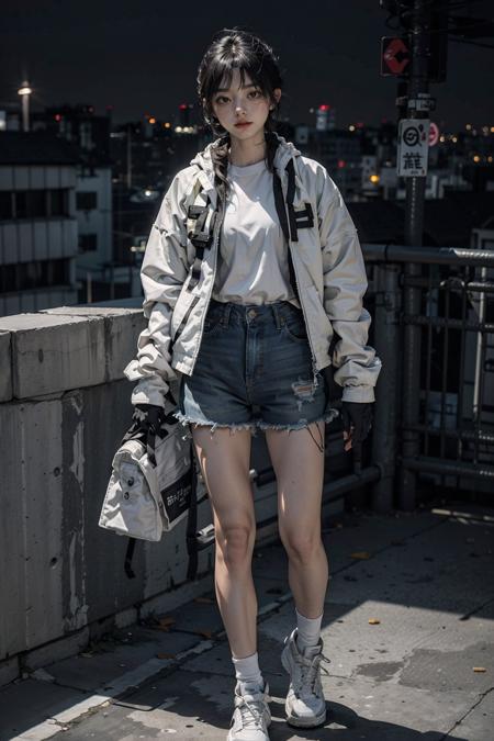 hard candy, white, techwear jacket, black gloves, denim shorts, tokyo, high tower rooftop, night