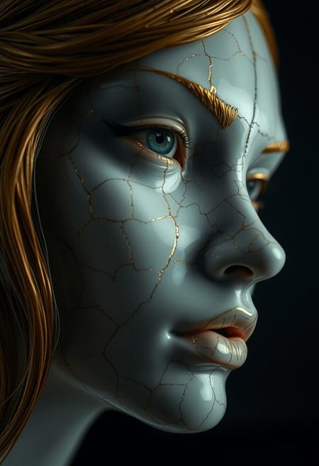 Closeup of a Cracked Porcelain woman face, gold hair, kintsugi, cracks repaired with gold, surrealistic, dark background, dramatic light