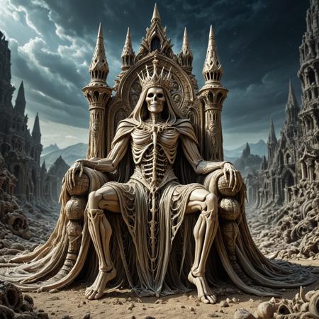(marrow queen:1.4), grotesque insectoid monarch embedded in ribbed throne of calcified husks, thorax adorned with chitinous regalia, skeletal arms ending in dripping proboscis tendrils, multifaceted eyes ringed by carved ivory crowns, abdomen fused into cathedral spire of fossilized victims, surrounding swarm mid-flight, layout:center composition, light:halation, light:soft shadow, light:bounce lighting, env:misty ruins, env:night sky, env:distant mountains, lens:filmic color grading, lens:postprocess LUT, lens:analog lens <lora:crazywhatever-style:0.8000000000000002>