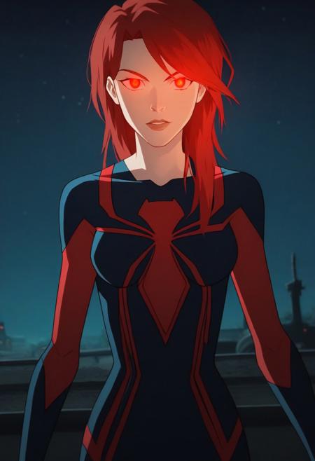 mjspiderwoman bodysuit, mask green eyes, red hair red eyes, glowing eyes cartoon