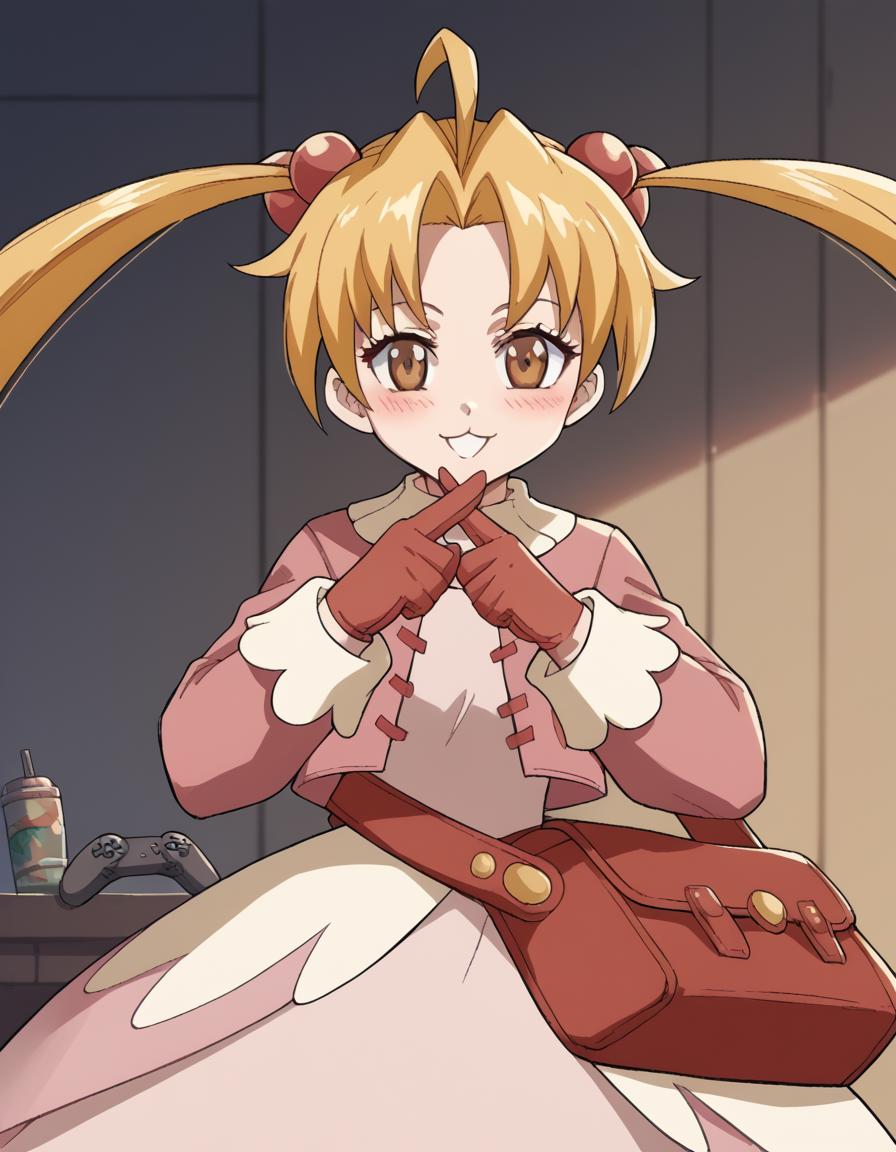 score_9, score_8_up, score_7_up, source_anime, <lora:ragnarok-maya-s1-ponyxl-lora-nochekaiser:1>, ragnarok maya, long hair, blonde hair, hair ornament, twintails, brown eyes, ahoge, parted bangs,, gloves, long sleeves, dress, bag, cropped jacket, pink jacket,, living room, video game, controller, competitive, fun, afternoon, smile, <lora:x-fingers-ponyxl-lora-nochekaiser:1>, x fingers, blush, parted lips,, looking at viewer, solo,, dutch angle, cowboy shot