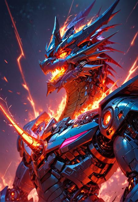 score_9, score_8_up, score_7_up,score_6_up, robot, mechanical parts, transformers generation 1, robot made of dragon parts, scorn, with gorgeous detailed eyes in the style of precisionism, gray and purple, dragon head on chest, metal trilby, TransformersStyle, ((wide focus)), action pose, lasers, explosions,