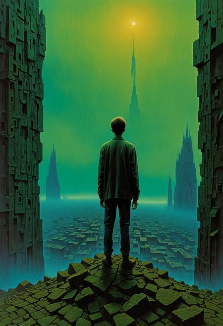 masterpiece, best quality, good quality, newest, highres, incredibly_absurdres, dramatic angle, Storytelling visuals, (by Zdzisław Beksiński:1.2) , painting, (1boy:1.2) , gay, yaoi, male focus, short hair, surrealism, dark and grotesque, detailed textures, apocalyptic, guy, A bird's-eye view, Green and Purple, dynamic manly pose, upper_body,   <lora:add-detail-xl.safetensors:0.8:0.8>