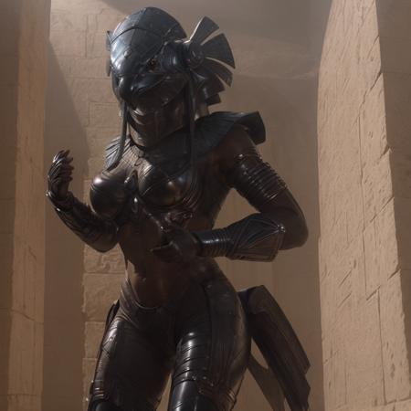 cinematic vfx  movie still full figure frame of a smooth, elegant, powerful, (muscular:1.3), tall , proud, flirting, sexy,  beyonce as a flirting posing dominant powerful warrior wearing a (black:1.6) (latex:1.4)  falcon (horus:0.90)  suit,  dancing Egyptian science fiction (torture chamber:1.2) (dungeon:1.1) tomb (prison:1.3),  epic volumetric lighting, film grain, centered, full body, (masterpiece, best quality, highres, photo-referenced:1.1), (science fiction:1.1), sparkling eyes, caustics, (character focus), (perfect anatomy:1.2), (realistic, photorealistic:1.5) ,   elegant, tight fitting, (science fiction:1.3) (hawk:1.2)  (digitigrade:1.4) Egyptian style power armor designed by Joseph A. Porro, the science fiction cybernetic <lora:stargateHorus:0.55>  helmet is made of metal with intrinsic details,  (gauntlet:1.4),   inside an Egyptian temple with hieroglyphs depicting female symbols, (seen from below:1.3), atmospheric, caustics, volumetric lighting, mix of natural lighting and artificial lighting, cinematography  by Karl Walter Lindenlaub,  directed by Roland Emmerich, (photorealistic:1.4), big (breasts:1.4), nipples , photo