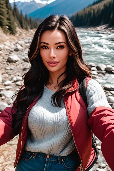 ((selfie)) photo of (tifkeller:0.98), smiling, outdoors, mountains, wearing a backpack, sweater, and hiking jacket, rocks, river, wood, analog style (look at viewer:1.2) (skin texture), close up, cinematic light, sidelighting, Fujiflim XT3, DSLR, 50mm