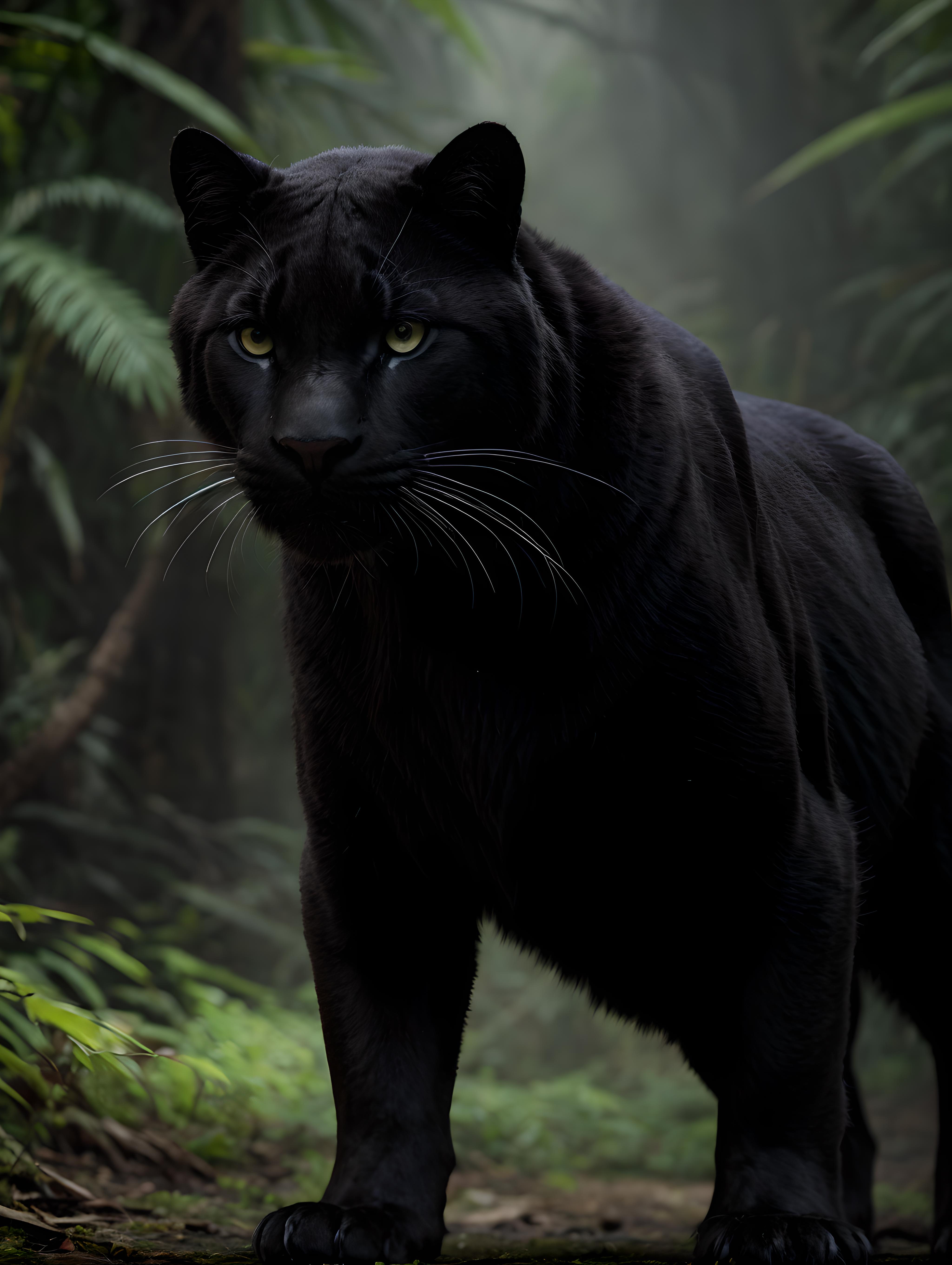 A black panther with yellow eyes in a forest.