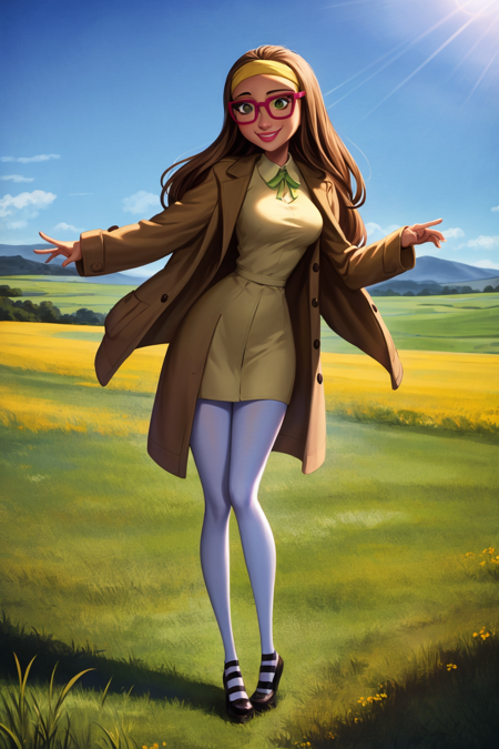 masterpiece, best quality,1girl, hlcivil, solo, headband, long hair, brown hair, coat, full body, glasses, green eyes, lips,  smile, white pantyhose, medium breasts, traditional media, long shot, meadow background, blue sky, sunshine <lora:HoneyLemonV2:1>