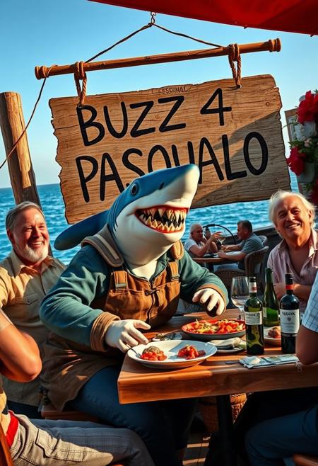 An Italianized humanoid shark named ‘Pasqualo,’ with features blending both shark and human characteristics—sharp teeth, fin-like arms, and a rugged fisherman outfit. Pasqualo is seated at an outdoor dinner table by the seaside, enjoying a lively meal with his fisherman friends. The atmosphere is warm and inviting, with a rustic Mediterranean vibe. Behind them, a large, hand-painted wooden sign reads ‘BUZZ 4 PASQUALO.’ The setting includes fish dishes, bottles of wine, and traditional Italian decor. Pasqualo appears to be laughing and engaged in a hearty conversation, blending seamlessly into this lively, maritime scene.