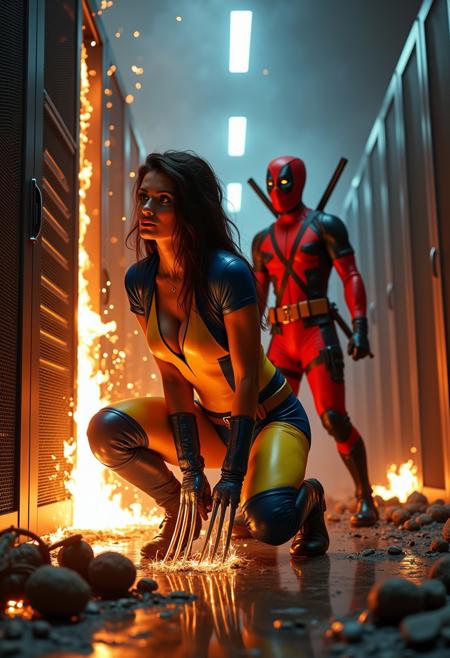 In this image, two naturally very busty supermodel women dressed in superhero costumes are engaged in a dynamic and intense scene inside a burning server room. The environment is chaotic, with large servers toppled over and engulfed in flames, sending sparks and smoke into the air. The remnants of the servers lie scattered around, their once-gleaming metal now charred and twisted from the heat and destruction.
The woman on the left is clad in a bright yellow and blue suit, with metallic claws extended from her fists, reminiscent of a Wolverine-like character. Her long, dark brown hair cascades over her shoulders as she crouches low, her expression fierce and focused. She appears to be in the midst of tearing through one of the large servers, the sparks flying from the impact of her claws against the metal.
The woman on the right, dressed in a red and black Deadpool-style suit, stands slightly behind her companion. She holds two katanas crossed behind her head in a defensive yet ready-to-strike stance, poised to fend off any threats that might emerge from the chaos. Her long blonde hair is styled in loose waves, framing a determined and intense expression as she surveys the burning room.
The setting is a stark contrast of technology and destruction, with the flames casting flickering shadows and highlighting the vivid colors of their costumes.