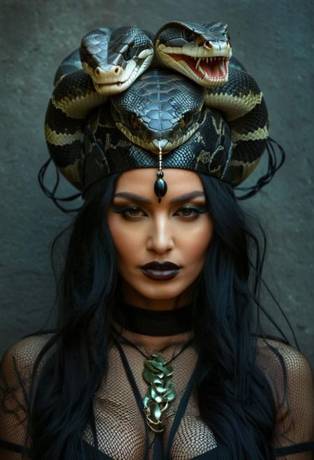a close up of a woman with a snake on her head, snake woman, snake woman hybrid, dark queen of snakes, snake-face lady, portrait of a scorpion goddess, hecate goddess, beautiful female gorgon, queen of snakes, dark fantasy mixed with realism, demon woman, dark portrait of medusa, hecate, pagan goddess, gothic maiden shaman
