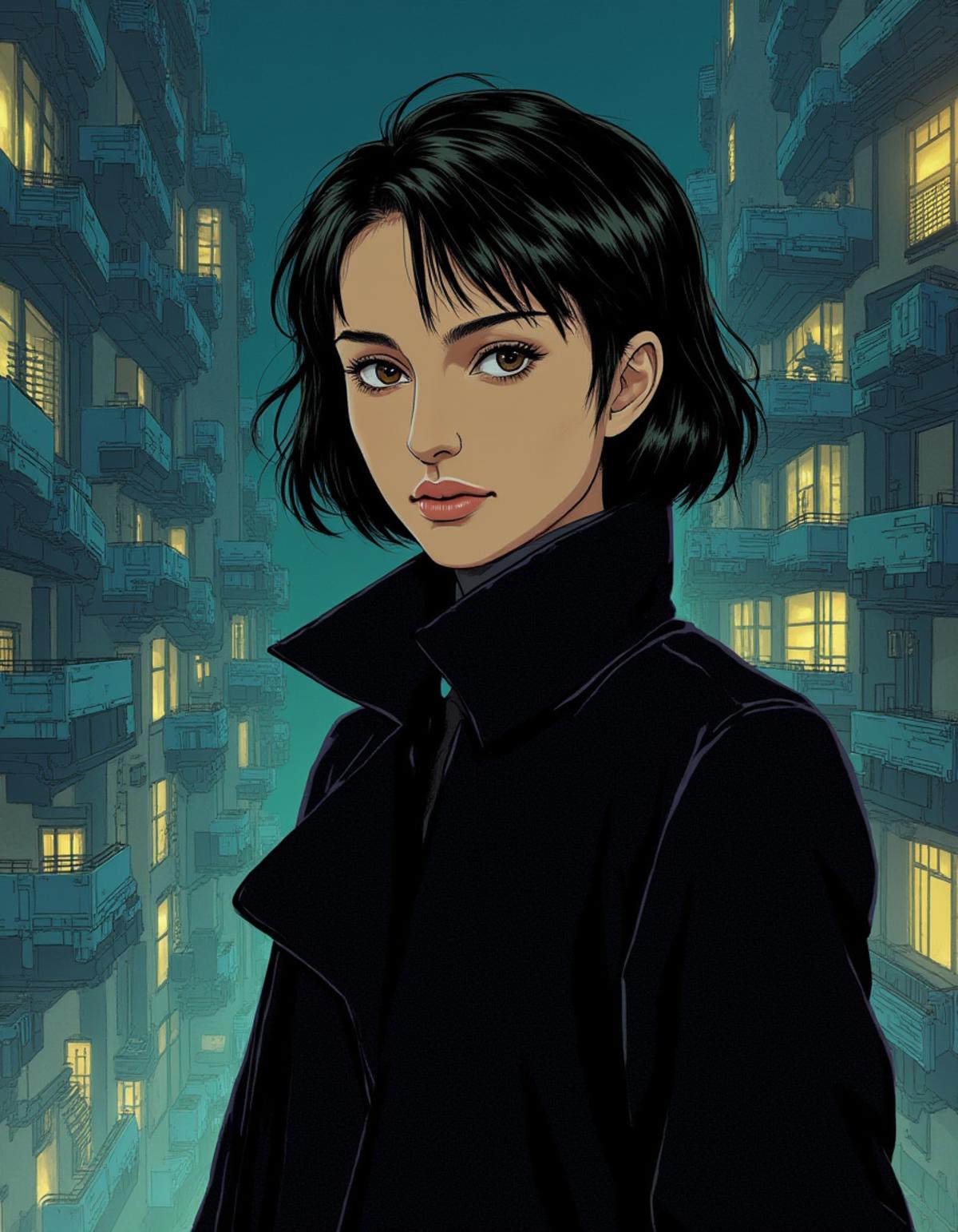 ((Retro 90s Anime style illustration)) drawing of a closeup on face of woman wearing a long black trench-coat futuristic city in the background in the style of the 90s anime Akira.  <lora:Natalie_Portman_2004_FLUX_epoch_16:1>