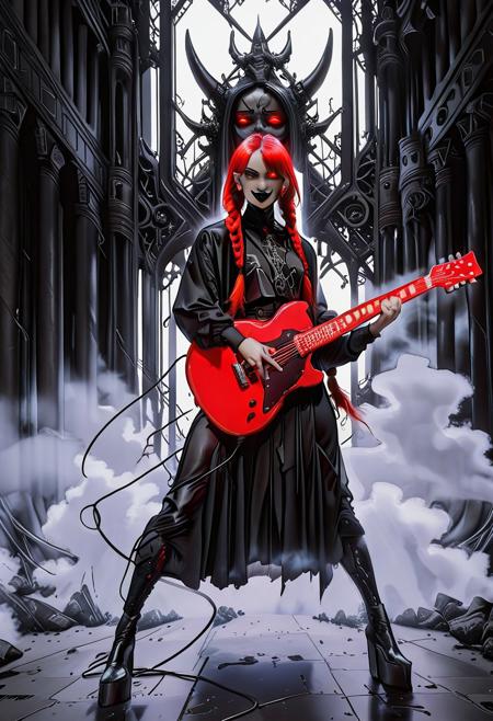 A digital illustration depicts a female musician on a black metal stage, blending black metal and cyberpunk styles. Full body portrait of a girl with half of her face cybernetic — glowing red mechanical eye, exposed metal and wires. She has red hair in very long twin braids, hair between eyes, evil smile with sharp teeth, red eyes, black eyeliner, black eyeshadow, black lipstick. She's holding a futuristic, sharp-edged electric guitar, mid-performance, singing into a spiked microphone. The stage is dark and intense, lit with red and black lighting, fog, satanic symbols, gothic metal architecture, digital circuit patterns in the background. Aggressive pose, dramatic lighting, chaotic metal energy.
