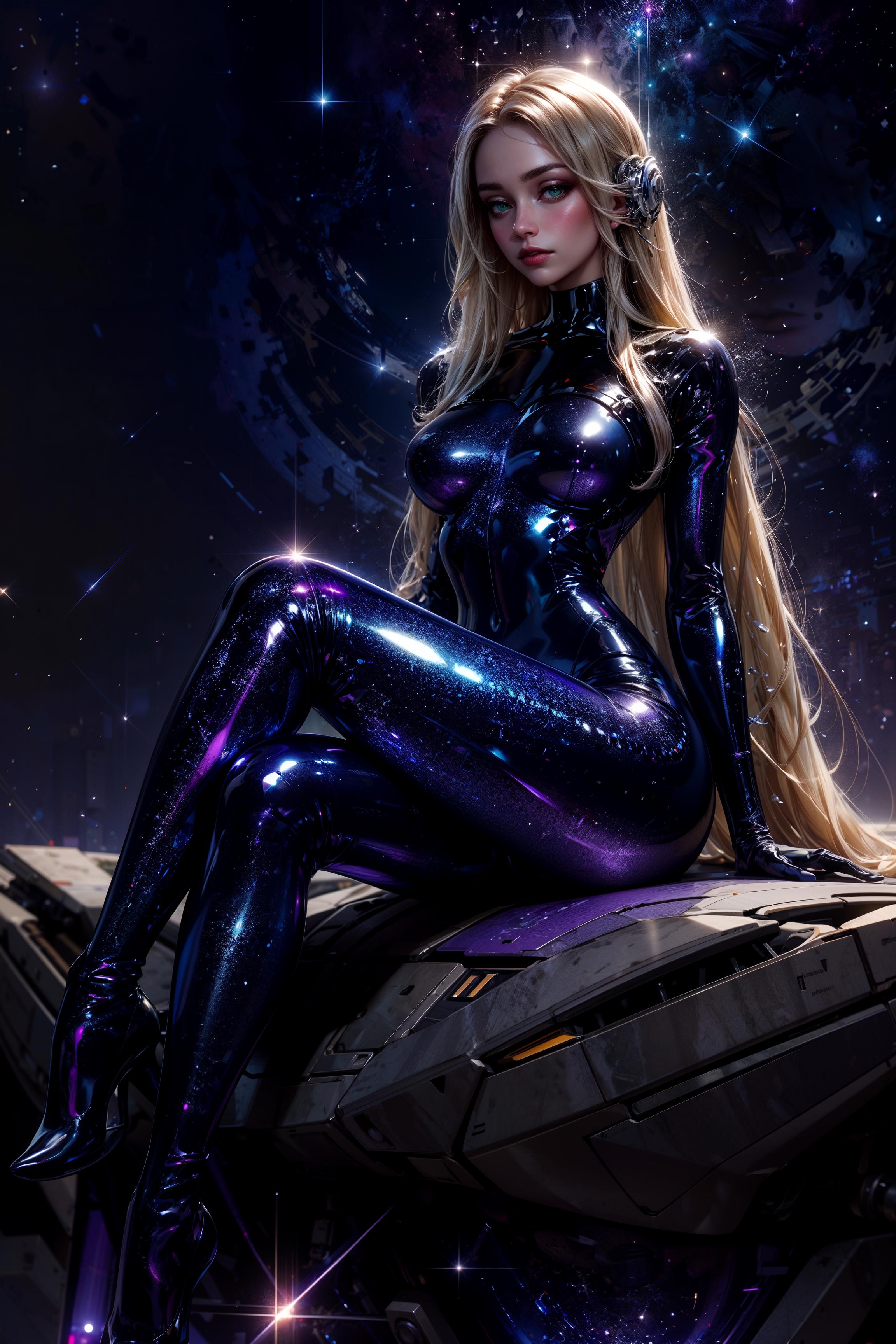 A cartoon illustration of a woman in a purple latex outfit sitting on a space ship.