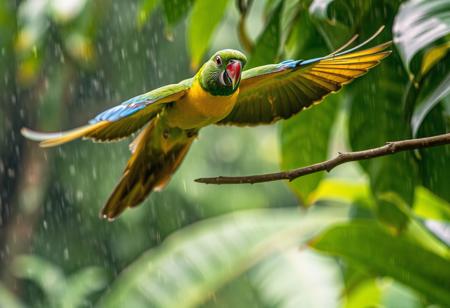 Close up parrot flying in to land on branch, jungle, rain,