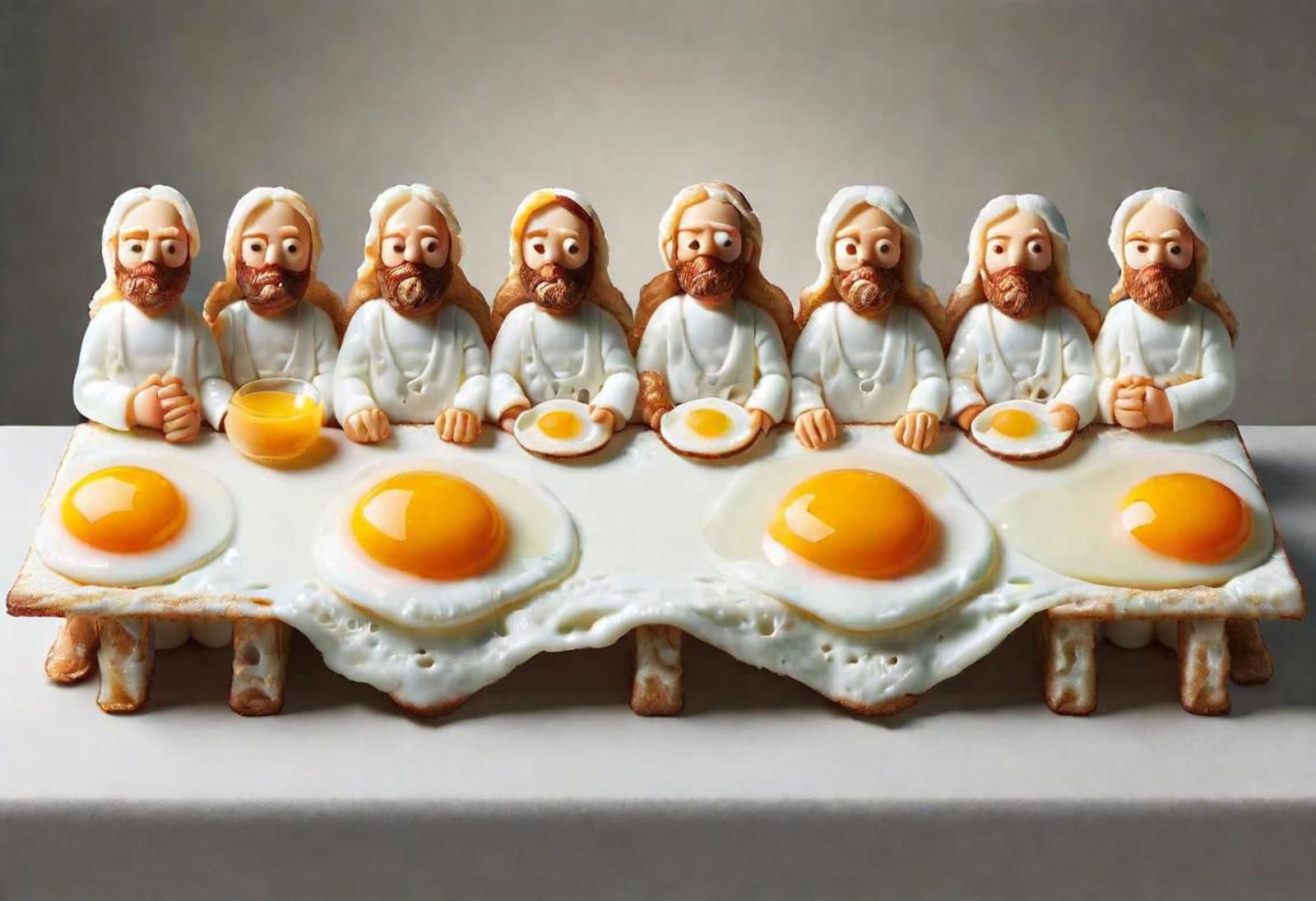 A row of Jesus figurines sitting at a table with plates of eggs.