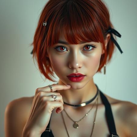 8k analog photo, (realistic:1.2), best studio quality, masterpiece, super realistic, extreme cinematic,beautiful soft light, aesthetic, hight detailed realistic light and shadows, realistic light aberration, redhead girl, ribbons, necklace, ring on third finger-fist A-P hand, hight quality detailed perfect skin, polychromatic heterochromic red eye contact, alena aenami artstaion wining award art. A confident and sexy young woman with short red hair, styled with a hair clip resembling the '>_' symbol. She has a playful, mischievous expression, exuding a bold and flirtatious vibe. Her outfit is modern and edgy, complementing her daring attitude.