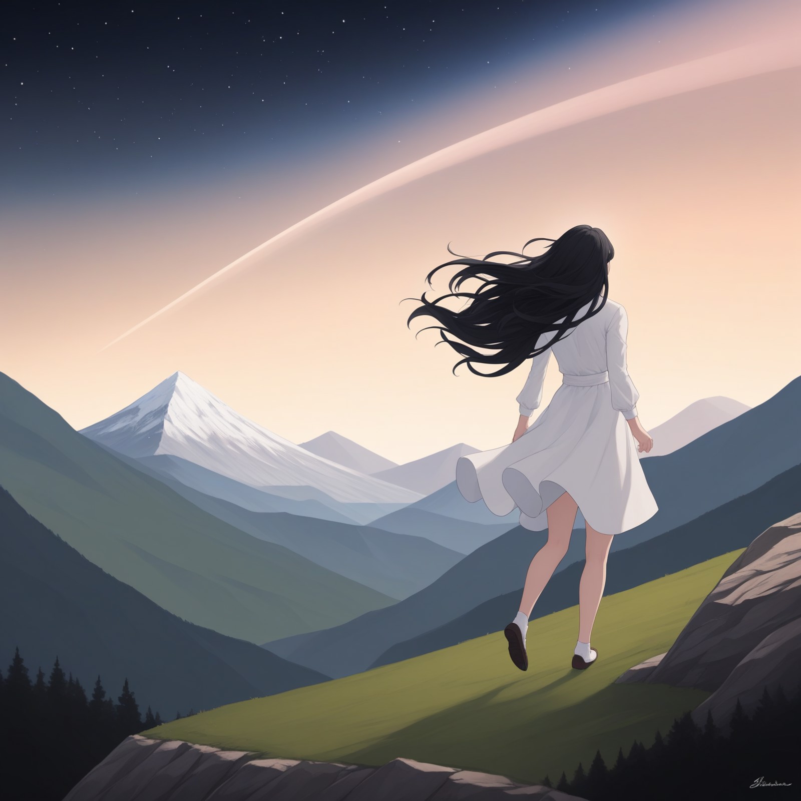 best quality,masterpiece,
1girl,black hair,long hair,back,looking up,
wind,floating hair,
BREAK
starry_sky,mountain,nature,