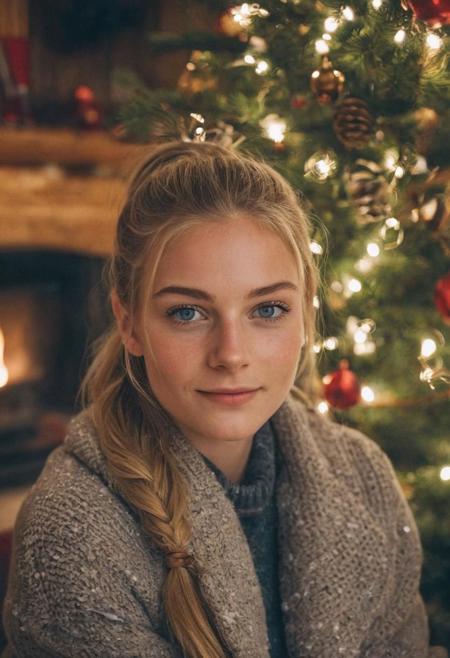 instagram photo, photo of a gorgeous 19 y.o woman, blue-gray eyes, dirty blonde hair, ponytail, happy, cheery, sitting in front of a christmas tree, in a cozy mountain lodge, snow outside, natural skin, skin moles, skin pores, goosebumps, high detailed, (cinematic, film grain:1.1)