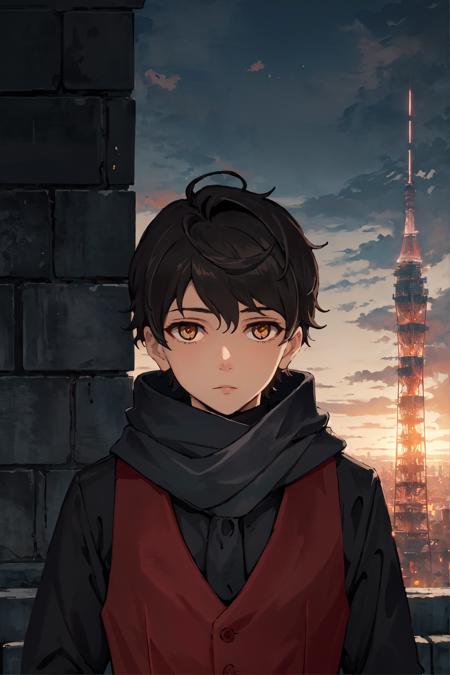 twenty-fifth bam, 1boy, red vest, black shirt, long sleeve, scarf, solo, looking at viewer, upper body, potrait, tower, cityscape, sky, spacecraft, skyscraper, fantasy, fog, (masterpiece:1.2, best quality)