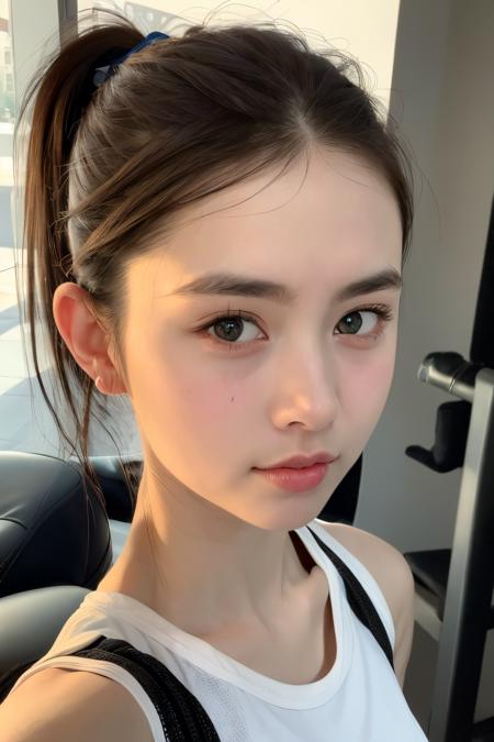 Portrait photography,photorealistic,(masterpiece, best quality, high quality, highres, ultra-detailed,8k),HDR,DOF,bokeh,
gym,1girl, ponytail, 
<lora:Ymiao1-05:0.6>