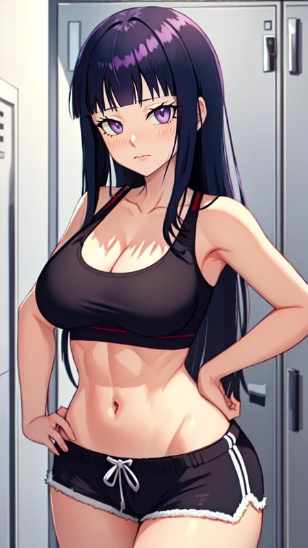 <lora:WesternAnimeLike-000016:0.9>,
WesternAnimeLike, 
1girl, breasts, ((hyuuga hinata)), solo, long hair, locker, black hair, large breasts, navel, cleavage, looking at viewer, shorts, abs, smile, bangs, sports bra, locker room, white eyes, toned, hand on hip, indoors, thighs, thick thighs, thigh gap, midriff, lips, purple eyes, wide hips, curvy, black shorts
(((masterpiece))), (highest quality), ((perfect face)), very deep eyes, (cinematic lighting), detailed eyes, best quality, bishoujo, sidelight, highres, (intricate details),