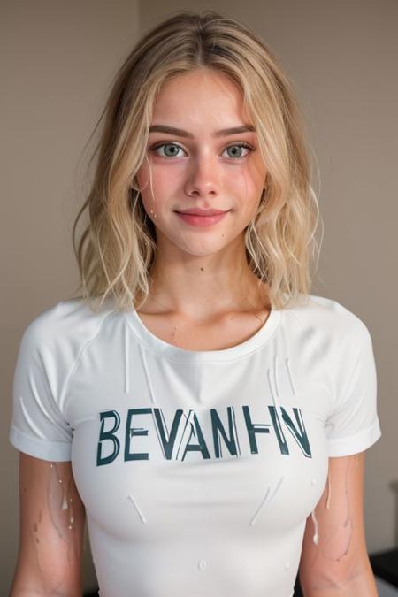 (face like emmatopdown),  body like goose_fit_girl,
blonde hair, athletic body,  eyecandy, desirable, 
(tiny breasts), beautiful green eyes, fit body,
 realistic,  
(wearing large buttonup shirt ),
nervous, tiny smile, (tears in eyes,( tears running down face,) wet face, dripping)