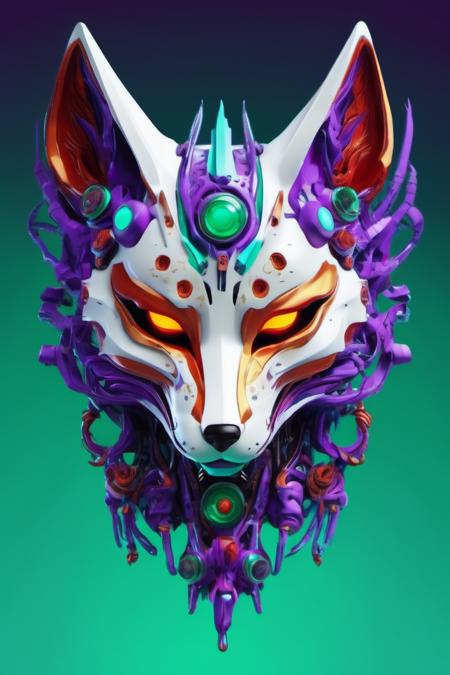 leonardo style, a bio mechanical cyborg mask fox white, only face, a broken ear, subsurface scattering, bloom, green and red liquid, tube, 3d style,cyborg style,Movie Still,Leonardo Style,oni style, illustration, wrapped in purple fire, eyes turquoise<lora:leonardo_illustration:1>