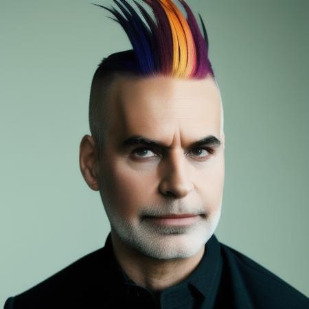 analog style, modelshoot style, portrait of sks man by Flora Borsi, style by Flora Borsi, bold, bright colours, rainbow Mohawk haircut, ((Flora Borsi)),  <lora:larr3ta-10:1>