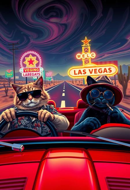 PERSPECTIVE FROM THE DRIVER'S SIDE OF THE CAR of Two cats riding in a red convertible speeding down a desert highway toward a neon-lit Las Vegas skyline. The scene mirrors the iconic ‘Fear and Loathing in Las Vegas’ shot, but with feline travelers. The driver, a scruffy tabby in oversized aviator sunglasses and a Hawaiian shirt, grips the wheel with a wild expression. The passenger, a sleek black cat in a bucket hat and round tinted glasses, leans back with a smug grin, a cigarette dangling from its mouth.  Windshield visible with glowing luminescent bugs on it, ((perspective looking from the driver side)), exaugurated eyes and smile, smoking a joint, 
The environment is infused with psychedelic energy—distorted road signs melt into the horizon, the sky swirls with surreal colors, and cacti appear to sway and stretch. The desert landscape warps in a heatwave haze, while neon reflections shimmer in the car’s chrome details. The perspective is exaggerated and chaotic, capturing the frenetic, trippy atmosphere of the original scene in a humorous and feline twist.
