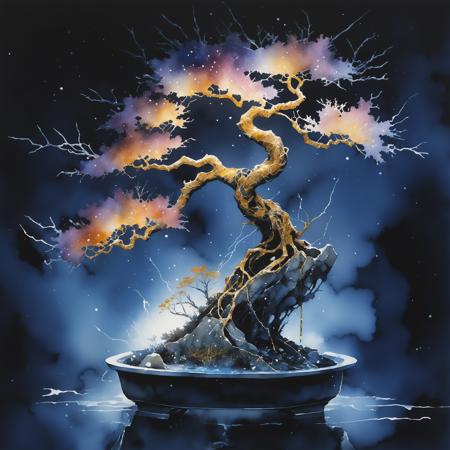 brocade cracked kintsugi artistic, wet watercolor painting of beautiful bonsai statue in the night, mesmerizing beauty, pretty features, iridescent, Luis Royo, Agnes Cecile, Ruan Jia, masterwork by head of prompt engineering, <lora:add-detail-xl:1> <lora:shadow-XL:1>