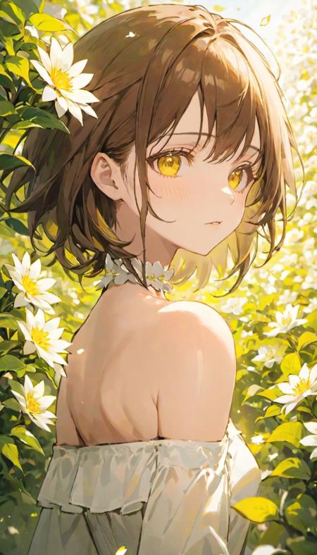 depth of field, masterpiece, best quality, 1girl, solo, brown hair, looking at viewer, yellow eyes, upper body, white shirt, breasts, off-shoulder shirt,a lot of white flowers, leaf, blurry foreground, choker, sunlight