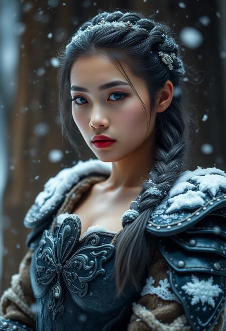 Photo-shoot, of a sexy young beautiful  japanese model with Sculpted and graceful body , ( Classic Hollywood makeup style) ( Tight French braid hairstyle , Gunmetal gray hair_color ) (barbarian iron armour) , Blizzard conditions weather , TTL lighting, shot with Sony Alpha A9 Mirrorless camera,  dynamic angle, cinematic, Depth of field, bokeh, best_quality, cinematic, light particles, highly_detailed, very_aesthetic, beautiful_and_aesthetic, top_quality, hyperrealistic, photorealistic, ultra detail, curves, sexy,  Ultra realistic, masterpiece. 8k, HDR,absurd_res, hi_res, detailed face, highly detailed, very aesthetic, Cinematic, absurdres, RAW, source_photo, high quality photography, ,realistic, real life,