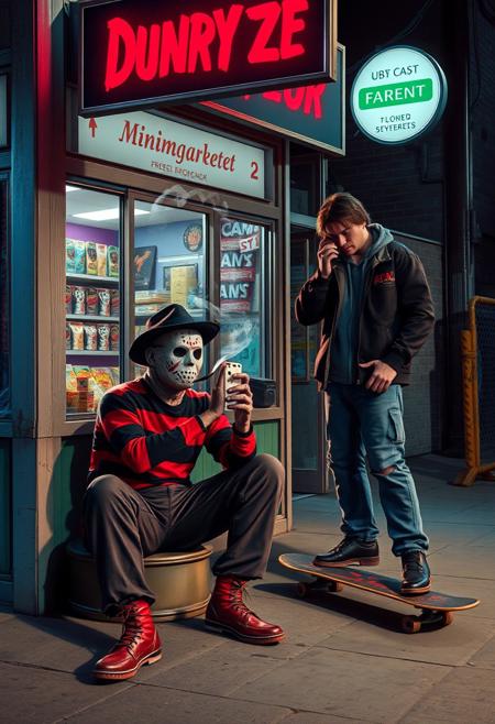 outside a minimarket, 20 years old Freddy Krueger smoking a cigarrette sitting on the sidewalk, 18 years old jason voorhees watching her telephone, 21 years old michael myers on a skateboard doing tricks