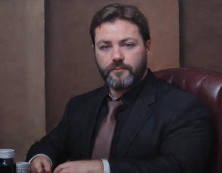 <lora:XL_sargon_v1:1>, <lora:XL_Oil_Paint_ClassipeintXL1.9:1>, ((oil painting)), suit, 1boy, male focus, solo, facial hair, beard, brown hair, shirt, mustache, black shirt, realistic, looking at viewer, upper body,